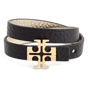 Tory Burch Split T Leather Wrap Bracelet | Black 